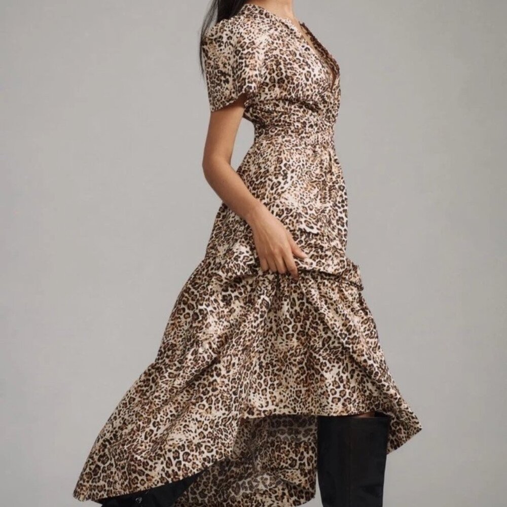 Anthropologie Somerset Tiered Maxi Dress Brown Tan Cheetah Animal Print XXS